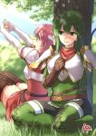  1girl 2girls abo_(hechouchou) armor belt black_pantyhose boots breastplate breasts brown_belt brown_gloves commentary day elbow_gloves est_(fire_emblem) fire_emblem fire_emblem:_mystery_of_the_emblem gloves grass green_boots green_eyes green_hair green_tunic hand_on_own_chest headband interlocked_fingers light_rays long_hair looking_to_the_side medium_breasts multiple_girls on_ground open_mouth outdoors palla_(fire_emblem) pantyhose pink_eyes pink_hair red_scarf scarf short_hair shoulder_armor siblings signature sisters sitting stretching sunbeam sunlight thigh_boots tree tunic white_armor white_gloves white_headband yokozuwari 