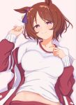  1girl animal_ears blush breasts brown_hair closed_mouth commentary gym_shirt happy_birthday highres horse_ears horse_girl jacket large_breasts looking_at_viewer lying midriff okomesuihanki on_back open_clothes open_jacket pink_eyes red_jacket sakura_laurel_(umamusume) shirt short_hair smile solo tracen_training_uniform track_jacket umamusume untranslatable_commentary white_shirt 
