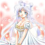  back_bow bare_shoulders bishoujo_senshi_sailor_moon blue_eyes bow breasts cleavage crescent double_bun dress facial_mark forehead_mark hair_ornament hairpin large_breasts long_hair lowres princess_serenity shirataki_kaiseki smile solo strapless strapless_dress thank_you tsukino_usagi twintails v_arms white_dress white_hair 