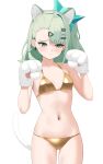  1girl 4kebidayo absurdres animal_ears animal_hands bikini breasts cat_ears cat_tail commentary cowboy_shot fake_animal_ears fake_tail gloves gold_bikini green_eyes green_hair hair_ornament hairclip highres medium_hair navel paw_gloves simple_background small_breasts solo sunna_(zenless_zone_zero) swimsuit tail thighs white_background zenless_zone_zero 