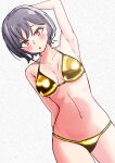  1girl :o absurdres aoi_illust09 arm_behind_back arm_behind_head arm_up armpits bang_dream! bang_dream!_it's_mygo!!!!! bikini black_hair blush breasts collarbone commentary_request cowboy_shot dutch_angle gold_bikini halterneck highres looking_at_viewer medium_breasts mygo!!!!!_(bang_dream!) navel parted_lips red_eyes short_hair simple_background solo standing stomach string_bikini swimsuit takamatsu_tomori white_background 