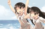  :d \o/ armpits arms_up blush brown_eyes brown_hair earrings jewelry kouno_hikaru laila_(otoyomegatari) leyli_(otoyomegatari) long_hair multiple_girls necklace one_eye_closed open_mouth otoyomegatari outstretched_arms see-through siblings sisters smile twins water wet 