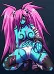  1girl artist_request blue_skin bow bow_panties breasts code_of_princess crouching female grey_background hair hair_ornament hair_over_eye hair_over_one_eye half-closed_eyes lady_zozo large_breasts long_hair looking_at_viewer minarai naughty_face navel nipples not_furry panties pink_hair plain_background scar skull skull_hair_ornament solo spread_legs spreading stitches tattoo tiptoes topless twintails underwear unknown_artist white_panties yellow_eyes zombie 