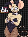 2026 3:4 4_fingers absurd_res anthro beat_banger big_ears black_background black_bow_tie black_clothing bodily_fluids bottomwear bow_ribbon bow_tie breasts bunfan_games bunny_costume cartoon_freckles checkered checkered_background cleavage clothed clothed_anthro clothed_female clothing collarbone costume digital_media_(artwork) eyebrows eyelashes eyewear fake_ears fake_rabbit_ears female female_anthro fingers fishnet_bottomwear fishnet_clothing fishnet_legwear freckled_face freckles front_view fur glasses grey_background hair hi_res legwear makayla_cohen mammal medium_breasts mouse multicolored_ears murid murine navel_outline pattern_background pink_eyes pink_inner_ear pupils rodent round_glasses shirt_collar shirt_cuffs shy simple_background skay_smidyth_samuel solo standing sweat tail tan_body tan_fur tan_hair thigh_gap wearing_glasses whiskers