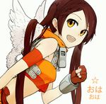  angel_wings arancia bad_id bad_pixiv_id bare_shoulders brown_hair fingerless_gloves francisco_valle gloves midriff open_mouth original solo wings yellow_eyes 