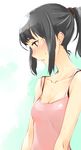  black_eyes black_hair blush breasts cleavage collarbone long_hair original ponytail profile sasetsu sketch small_breasts solo sweat 