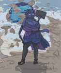 anthro big_breasts blue_body blue_fur breasts cleavage clothed clothing curvy_figure drawing_tablet eyewear felid female final_fantasy final_fantasy_xiv floating_rocks fur glasses hi_res hrothgar huge_breasts hyper hyper_breasts leggings legwear looking_at_viewer mammal nooxgard pictomancer sky solo square_enix tablet_pen thick_thighs wide_hips