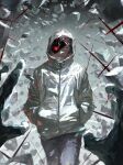  absurdres commentary_request highres hood hood_up hoodie itadori_yuji jujutsu_kaisen jujutsu_kaisen_modulo kota_2kx long_sleeves looking_at_viewer pink_hair pov pov_hands red_eyes scar scar_on_face scar_on_mouth solo_focus white_hoodie 