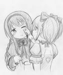  2girls akemi_homura akemi_homura_(magical_girl) back_cutout bad_id bad_pixiv_id blush blush_stickers bow bowtie braid capelet choker clothing_cutout crying dress frilled_gloves frills gloves greyscale hair_ribbon heart_cutout holding holding_removed_eyewear kaname_madoka kaname_madoka_(magical_girl) layered_sleeves long_hair looking_at_another magical_girl mahou_shoujo_madoka_magica monochrome multiple_girls official_alternate_hairstyle one_eye_closed puffy_short_sleeves puffy_sleeves ribbon ribbon_choker short_hair short_sleeves short_twintails shoulder_blades sidelocks takeshisu tears traditional_media twin_braids twintails unworn_eyewear upper_body wing_collar wiping_tears 
