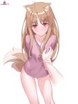  1girl 1other 3: absurdres ahoge animal_ear_fluff animal_ears arm_behind_back artist_name ass_visible_through_thighs blunt_bangs blush breasts brown_hair closed_mouth commentary cowboy_shot english_commentary eyelashes eyes_visible_through_hair furrowed_brow grabbing_another's_breast groping guided_breast_grab guiding_hand hair_between_eyes heart heart_in_eye highres holding_another's_wrist holo jewelry long_hair long_sleeves looking_at_viewer necklace pov pov_hands purple_shirt red_eyes shiny_skin shirt simple_background small_breasts solo_focus spice_and_wolf split_mouth straight_hair symbol_in_eye tail thick_eyebrows thighs upturned_eyes very_long_hair white_background wolf_ears wolf_girl wolf_tail zambonito 