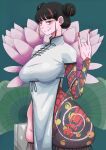  1girl \m/ absurdres black_hair breasts china_dress chinese_clothes cigarette commentary double_bun dress hair_bun highres large_breasts leg_tattoo looking_at_viewer original overjav red_eyes red_hair red_nails solo tattoo tattoo_sleeve thighhighs 
