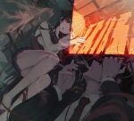  1boy 1girl absurdres black_hair cigarette highres hitomi_hirosuke_(sayonara_wo_oshiete) long_hair looking_at_another lying necktie on_back on_floor ppru red_eyes sayonara_wo_oshiete school_uniform skirt smile smoking sugamo_mutsuki suit twilight wings 