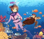  1girl :d alternate_costume angelfish antenna_hair bodysuit brown_hair bubble butterflyfish cardcaptor_sakura commentary commission coral creature dav-19 diving diving_suit english_commentary fish fishbowl_helmet gloves green_eyes hair_bobbles hair_ornament helmet kero_(cardcaptor_sakura) kinomoto_sakura ocean open_mouth pink_bodysuit scuba sea_turtle short_hair short_twintails smile solo tropical_fish turtle twintails underwater water wetsuit white_gloves 