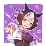  1girl animal_ears blush bow braid breasts brown_hair carrot collared_shirt commentary_request cropped_jacket ear_bow ear_ribbon half_up_braid highres horse_ears horse_girl jacket looking_at_viewer medium_breasts multicolored_hair open_mouth panch4989new pointing pointing_at_viewer purple_bow purple_eyes purple_ribbon purple_vest ribbon shirt short_hair short_sleeves smile special_week_(special_dreamer)_(umamusume) special_week_(umamusume) teeth two-tone_hair umamusume upper_body upper_teeth_only vest white_hair white_shirt wristband 