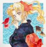  1girl animal_print back_bow blonde_hair blue_kimono bow bracelet commentary curtained_hair earrings fish fish_print floral_print flying_fish from_side fukatsuki_mizuki goldfish goldfish_print hair_bow hand_up highres japanese_clothes jewelry kimono long_hair looking_at_animal looking_to_the_side obi orange_bow orange_eyes orange_hair orange_sash original parted_lips ponytail print_bow print_kimono print_sash ripples sash signature solo spider_lily_print traditional_media turning_head upper_body yukata 
