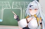  1girl :o absurdres ahoge black_gloves blush breasts chalkboard cleavage fingerless_gloves gloves hair_ornament highres holding holding_pointer jacket large_breasts long_hair looking_at_viewer mark1019 pointer single_hair_intake solo teaching white_hair yellow_eyes yellow_jacket yixuan_(zenless_zone_zero) zenless_zone_zero 