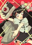  1girl absurdres black_hair black_skirt blush_stickers camera character_name commentary_request deformed english_text feet_out_of_frame finger_gun hangaku_th hat highres holding holding_camera looking_at_viewer mini_person minigirl newspaper open_mouth pom_pom_(clothes) red_background red_eyes shameimaru_aya shirt skirt solo sparkle tengu tokin_hat touhou white_shirt wings 