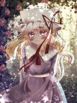  1girl absurdres animal_ears arms_behind_back blush cat_ears cat_girl cat_tail closed_mouth collared_dress commentary contrast_collar dress flower frilled_shirt_collar frills garden hat highres ibispaint_(medium) kemonomimi_mode leaf long_hair maribel_hearn marimohu_starry mob_cap neck_ribbon purple_dress purple_eyes red_flower red_ribbon red_rose ribbon rose smile solo standing tail touhou white_hat 