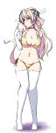  1girl absurdres animal_ears bikini blonde_hair blue_eyes blush breasts cleavage closed_mouth collarbone commentary_request deno_(denomina0) detached_sleeves elbow_gloves embarrassed full_body gloves gold_bikini hair_between_eyes hair_ornament highres horse_girl large_breasts navel simple_background smile standing swimsuit thighhighs twirling_hair umamusume victoire_pisa_(umamusume) white_background 