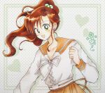  1girl back_ribbon bishoujo_senshi_sailor_moon bow brown_hair brown_ribbon brown_sailor_collar brown_skirt clenched_hand commentary_request earrings floating_hair flower_earrings fukatsuki_mizuki green_eyes hair_bow hand_up heart highres jewelry kino_makoto kino_makoto's_school_uniform long_hair looking_at_viewer no_dickey open_mouth pleated_skirt ponytail ribbon sailor_collar school_uniform serafuku shirt signature skirt smile solo traditional_media upper_body white_ribbon white_shirt 