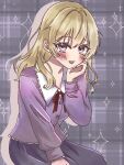  1girl absurdres adapted_costume blonde_hair blush buttons collared_shirt commentary contrast_collar frilled_shirt_collar frills grey_background hand_on_own_cheek hand_on_own_face highres ibispaint_(medium) invisible_chair long_hair long_sleeves maribel_hearn marimohu_starry missing_headwear neck_ribbon no_nose open_mouth plaid_background purple_eyes purple_shirt purple_skirt red_ribbon ribbon shirt sitting skirt solo sparkle touhou 