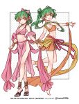  2girls :d anklet bangle bare_shoulders bow bra bracelet breasts brown_sandals cleavage closed_mouth commentary_request dancer dated double_bun earrings fire_emblem fire_emblem:_genealogy_of_the_holy_war full_body green_eyes green_hair hair_bow hair_bun harem_outfit heel_up highres jewelry leg_up lene_(fire_emblem) long_hair looking_at_viewer medium_breasts mother_and_child mother_and_daughter multiple_girls navel open_mouth orange_bra orange_skirt parent_and_child pelvic_curtain pink_bow pink_bra polka_dot polka_dot_background ponytail sandals sayu030b signature silvia_(fire_emblem) simple_background skirt smile standing standing_on_one_leg stomach twintails twitter_username underwear watermark 