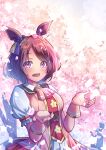  1girl animal_ears ascot blush breasts brown_hair cherry_blossoms collared_shirt commentary_request flower_in_eye hair_ornament highres horse_ears horse_girl horse_tail looking_at_viewer medium_breasts open_mouth outdoors pink_ascot pink_eyes pink_vest pink_wrist_cuffs puffy_short_sleeves puffy_sleeves purple_eyes remao sakura_laurel_(saisir_le_reve)_(umamusume) sakura_laurel_(umamusume) shirt short_hair short_sleeves shorts smile solo symbol_in_eye tail teeth umamusume vest white_shirt white_shorts wrist_cuffs 
