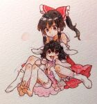  2girls animal_ears bare_shoulders barefoot black_hair bloomers blush carrot_necklace collar collarbone commentary_request detached_sleeves dress hair_ribbon hair_tubes hakurei_reimu height_difference holding_another's_arm inaba_tewi jewelry long_hair looking_at_another lying_on_lap multiple_girls necklace nontraditional_miko oimo_(14sainobba) one-hour_drawing_challenge photo_(medium) pink_dress ponytail rabbit_ears rabbit_girl red_dress red_eyes ribbon short_hair sitting smile socks touhou traditional_media white_background 
