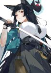  1girl absurdres animal_ear_fluff animal_ears aqua_jacket black_gloves black_hair black_necktie blunt_bangs braid breasts bright_pupils brown_pantyhose commentary_request cowboy_shot creature fingerless_gloves fox_ears from_below gloves grey_skirt half_up_braid highres holding holding_sword holding_weapon hoshimi_miyabi jacket large_breasts liu_qi_(pixiv_36690324) long_hair looking_at_viewer looking_down necktie open_clothes open_jacket pantyhose parted_lips pleated_skirt red_eyes shirt side_slit simple_background skirt solo standing straight_hair sword tailless_(zenless_zone_zero) very_long_hair weapon white_background white_mouth white_pupils white_shirt zenless_zone_zero 
