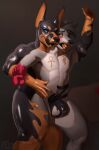  absorption_vore anthro atlas blush canid canine canis dobermann domestic_dog duo finger_in_mouth from_behind_position goo_transformation goo_vore goofur hi_res jackal kekpuro latex licking male male/male mammal pinned pinscher sex slime standing standing_sex symbiote symbiotic tongue transformation vore waist_grab wockle wolf 
