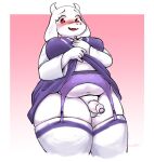  2018 2_horns anthro balls belly big_breasts blush border boss_monster_(undertale) bovid breasts buried_penis caprine clothed clothing clothing_lift crossgender curvy_figure dress dress_lift erection eyelashes fangs floppy_ears foreskin ftg_crossgender fti_crossgender fupa garter_belt garter_straps genitals goat gradient_background gynomorph hi_res horn intersex legwear looking_at_viewer looking_down looking_down_at_viewer lop_ears low-angle_view mammal mature_anthro mature_gynomorph mature_intersex nipple_outline open_mouth open_smile overweight overweight_anthro overweight_gynomorph overweight_intersex penis portrait presenting presenting_penis red_eyes robe_lift signature simple_background sloppydraws small_penis smile smiling_at_viewer solo teeth thick_thighs thigh_highs three-quarter_portrait toriel undertale undertale_(series) white_border wide_hips 