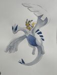  absurdres clothed_pokemon cosplay dittoinks highres lugia lugia_(cosplay) no_humans open_mouth photo_(medium) pikachu pokemon pokemon_(creature) tail traditional_media white_background 