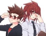  age_difference bespectacled book brown_hair casual contemporary father_and_son folks_(nabokof) glasses hood hoodie kratos_aurion lloyd_irving long_hair male male_focus multiple_boys necktie open_mouth red_hair short_hair simple_background smile tales_of_(series) tales_of_symphonia 