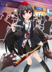  1girl 6+others baseball_bat belt bird_wings black_belt black_hair black_jacket black_skirt black_socks blood blood_on_clothes blood_on_weapon blush buttons collarbone collared_shirt commentary_request dead_rising fang feathered_wings frilled_skirt frills hat holding holding_baseball_bat jacket multiple_others open_mouth red_eyes red_hat ribbon-trimmed_skirt ribbon_trim shameimaru_aya shirt skirt socks solo_focus teruteruyohou tokin_hat touhou untucked_shirt weapon white_shirt wings zombie 