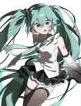  1girl :o aqua_eyes aqua_hair aqua_necktie aqua_ribbon aqua_trim arm_tattoo black_skirt blush breasts collared_shirt commentary cowboy_shot crossed_bangs detached_sleeves dot_nose facing_viewer grey_thighhighs hair_between_eyes hair_ornament hatsune_miku hatsune_miku_(nt) headset highres jjeogi38 layered_sleeves long_hair looking_to_the_side miniskirt neck_ribbon necktie number_tattoo open_mouth piano_print piapro_studio pleated_skirt ribbon see-through_clothes see-through_sleeve_layer see-through_sleeves shirt sidelocks simple_background skirt sleeveless sleeveless_shirt solo tattoo thighhighs twintails untucked_shirt very_long_hair vocaloid white_background white_shirt zettai_ryouiki 
