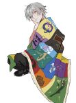  1boy abundance_symbol_(honkai:_star_rail) amphoreus_(honkai:_star_rail) artist_name black_boots black_pants blanket boots caelus_(honkai:_star_rail) chinese_commentary closed_mouth commentary_request destruction_symbol_(honkai:_star_rail) erudition_symbol_(honkai:_star_rail) from_side full_body grey_hair hair_between_eyes hand_on_own_face hand_up harmony_symbol_(honkai:_star_rail) highres honkai:_star_rail honkai_(series) hunt_symbol_(honkai:_star_rail) lips looking_at_viewer male_focus mobius_strip nihility_symbol_(honkai:_star_rail) pants popo_tenmask preservation_symbol_(honkai:_star_rail) propagation_symbol_(honkai:_star_rail) remembrance_symbol_(honkai:_star_rail) short_hair simple_background sitting solo star_(symbol) star_print trailblazer_(honkai:_star_rail) white_background yellow_eyes 