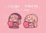  2girls beret black_gloves black_hat black_skirt blush bow bow_earrings brown_hair brown_skirt cardigan chibi chibi_only closed_eyes commentary_request earrings food fruit fuguno gloves grey_skirt hair_ornament hairclip hat hat_pin highres holding holding_food holding_fruit jewelry layered_skirt long_hair long_sleeves multiple_girls nijisanji open_mouth pink_bow pink_cardigan pink_skirt pom_pom_(clothes) pom_pom_earrings ribbon sister_claire sister_claire_(4th_costume) skirt smile strawberry striped_bow striped_clothes striped_ribbon striped_skirt suzuhara_lulu suzuhara_lulu_(1st_costume) vertical-striped_clothes vertical-striped_skirt virtual_youtuber white_bow white_hat 