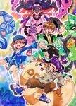  2boys 2girls black_hair black_hat blue_hat brother_and_sister brown_eyes brown_gloves brown_hair carmine_(pokemon) carmine_(sygna_suit)_(pokemon) colored_inner_hair florian_(anniversary_2026)_(pokemon) florian_(pokemon) furret gloves hat juliana_(anniversary_2026)_(pokemon) juliana_(pokemon) katathumuri kieran_(pokemon) kieran_(sygna_suit)_(pokemon) looking_at_viewer mole mole_under_eye multicolored_hair multiple_boys multiple_girls official_alternate_costume ogerpon ogerpon_(teal_mask) one_eye_closed open_mouth pecharunt pokemon pokemon_(creature) pokemon_masters_ex purple_gloves purple_hair siblings terapagos terapagos_(terastal) traditional_media twitter_username two-tone_hair yellow_eyes 