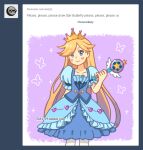 1girl animification blonde_hair blue_eyes commentary dav-19 dress english_commentary facial_mark fan_request heart heart_cheeks heart_facial_mark hime_lolita lolita_fashion long_hair looking_at_viewer marking_on_cheek markings_on_cheeks pantyhose princess request_inset royal_magic_wand_(svtfoe) smile solo star_butterfly star_vs_the_forces_of_evil tiara wand winged_wand 