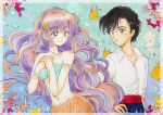  1boy 1girl air_bubble andersen's_fairy_tales bare_shoulders bikini black_hair blue_pants bracelet braid bubble closed_mouth collared_shirt commentary coral crown_braid earrings eric_(disney) fish fukatsuki_mizuki green_eyes hair_ornament hand_on_own_hip hands_up highres jewelry long_hair looking_at_another merfolk mermaid monster_girl navel necklace pants parted_lips pearl_armlet pearl_bracelet pink_eyes pink_hair red_sash redesign sash shell shell_bikini shell_necklace shirt short_hair signature smile star_(symbol) star_hair_ornament swimsuit the_little_mermaid_(andersen) traditional_media upper_body very_long_hair wavy_hair white_shirt 