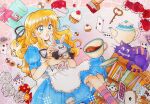  1girl ace_(playing_card) ace_of_hearts ace_of_spades alice's_adventures_in_wonderland alice_(alice_in_wonderland) animal apron black_jacket black_ribbon blonde_hair blue_dress blue_eyes blue_hat book bookshelf bow card cat checkerboard_cookie cherry cheshire_cat_(alice_in_wonderland) clothed_animal commentary_request cookie cup cupcake dress five_of_spades flower food four_of_spades fruit fukatsuki_mizuki grin hair_ribbon hat hat_bow heart highres holding holding_animal jacket joker_(playing_card) key long_hair monocle mushroom open_clothes open_jacket paint_can paintbrush pink_bow pink_socks playing_card pocket_watch puffy_short_sleeves puffy_sleeves purple_cat purple_eyes purple_socks rabbit red_flower red_rose ribbon rose saucer short_sleeves signature six_of_hearts smile socks spade_(shape) striped_clothes striped_socks tea teacup teapot three_of_clubs thumbprint_cookie top_hat traditional_media two-tone_socks two_of_diamonds watch white_apron white_flower white_rabbit_(alice_in_wonderland) white_rabbit_(animal) white_rose 
