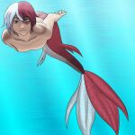 2019 aquatic blue_eyes grey_eyes hair heterochromia humanoid_merfolk male merfolk multicolored_hair my_hero_academia pale_skin raayy1 red_hair scales solo split_form swimming todoroki_shouto two_tone_hair two_tone_tail underwater water white_hair