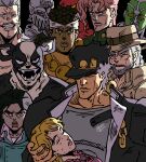  1girl 6+boys absurdres beard black_hair blonde_hair brown_eyes brown_hair chain clenched_teeth closed_eyes closed_mouth coat cowboy_hat crying dark-skinned_male dark_skin dog earrings evil_grin evil_smile facial_hair fedora frown gakuran grey_hair grin hand_on_another's_head hat headband highres jacket jean_pierre_polnareff jewelry jojo_no_kimyou_na_bouken joseph_joestar joseph_joestar_(old) kakyoin_noriaki kujo_holy kujo_jotaro lipstick looking_at_viewer makeup mask mohammed_avdol multiple_boys mustache no_eyebrows old old_man open_mouth part_3:_stardust_crusaders pink_hair pink_lips red_hair school_uniform shirt smile stand_(jojo) stardust_crusaders sweat tears teeth thick_lips toji_feet_lover white_hair 