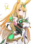  1girl animal_ears blonde_hair breasts chest_jewel commentary_request cowboy_shot dress highres large_breasts long_hair miasuke microdress mythra_(massive_melee)_(xenoblade) mythra_(xenoblade) rabbit_ears simple_background solo super_smash_bros. tiara white_background white_dress xenoblade_chronicles_(series) xenoblade_chronicles_2 yellow_eyes 