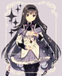  1girl adapted_costume akemi_homura akemi_homura_(magical_girl) argyle_clothes argyle_pantyhose black_hair black_hairband border capelet commentary cowboy_shot dav-19 grief_seed hairband long_hair magical_girl mahou_shoujo_madoka_magica pantyhose purple_background purple_capelet purple_eyes purple_ribbon purple_skirt ribbon shirt skirt solo soul_gem sparkle standing very_long_hair white_shirt 
