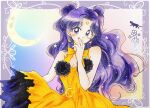  1girl bare_arms bishoujo_senshi_sailor_moon black_dress bow bowtie breasts cat cleavage closed_mouth commentary crescent crescent_earrings crescent_facial_mark crescent_moon crescent_necklace double_bun dress earrings facial_mark forehead_mark fukatsuki_mizuki hair_bun hand_up highres jewelry long_hair looking_at_viewer luna_(sailor_moon) luna_(sailor_moon)_(human) moon necklace pom_pom_(clothes) purple_hair signature sleeveless sleeveless_dress smile solo standing star_(symbol) traditional_media upper_body wavy_hair yellow_bow yellow_bowtie yellow_dress 