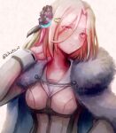  1girl adjusting_hair black_flower black_rose blonde_hair chest_harness closed_mouth coat commentary_request flower fur_coat hair_ornament hairpin harness heaven_burns_red highres minase_ichigo open_clothes open_coat rose short_hair simple_background toyatopa white_background white_fur 