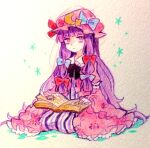  1girl bags_under_eyes blunt_bangs book bow closed_mouth commentary_request crescent crescent_hat_ornament dress hair_bow hair_spread_out hat hat_ornament hat_ribbon holding holding_book long_hair looking_at_viewer mob_cap multiple_hair_bows object_on_lap oimo_(14sainobba) one-hour_drawing_challenge patchouli_knowledge photo_(medium) pink_dress pink_eyes pink_robe purple_hair ribbon robe sitting sleeve_garter solo star_(symbol) star_hat_ornament striped_clothes striped_dress touhou traditional_media vertical-striped_clothes vertical-striped_dress very_long_hair white_background 