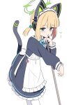  1girl absurdres animal_ear_headphones animal_ears apron black_dress blonde_hair blue_archive cat_ear_headphones cat_ears commentary_request dress fake_animal_ears frilled_apron frills fukunao green_eyes green_halo halo headphones highres long_sleeves looking_at_viewer maid maid_apron maid_headdress midori_(blue_archive) midori_(maid)_(blue_archive) short_hair simple_background solo tail tongue tongue_out virtual_pet_(toy) white_apron white_background white_headdress 
