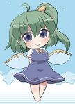  1girl ahoge arms_behind_back barefoot blue_dress blush breasts chibi chibi_only closed_mouth collared_shirt commentary_request daiyousei dot_nose dress fairy_wings full_body green_hair hair_ribbon highres long_hair looking_at_viewer neck_ribbon pinafore_dress ribbon rokugou_daisuke shirt short_sleeves side_ponytail signature sleeveless sleeveless_dress smile solo standing touhou white_shirt wings yellow_ribbon 